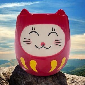 NEW Smiling LUCKY CAT 3D Face & Ears Red Stoneware Ceramic 18oz Coffee Mug